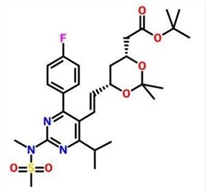 Tert-butyyli-6 - [(1E) -2- [4- (4-fluorifenyyli) -6- (1-metyylietyyli) -2- [metyyli (metyylisulfonyyli) amino] -5-pyrimidinyyli] etenyyli] -2,2- dimetyyli-1,3-dioksaani-4-asetaatti (R1) CAS-nro 289042-12-2